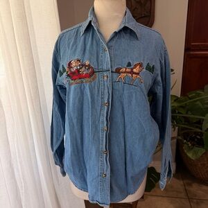 Vintage Bobbie Brooks Christmas Denim Shirt Teddy Bear Sleigh Embroidered M